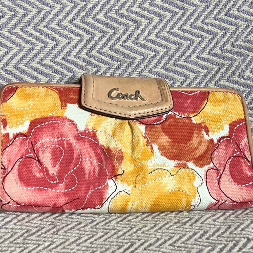 Coach Women's Wallet with Pink and Yellow Floral Design